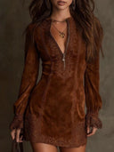 Vintage blaues Wildleder Minikleid mit Spitzenbesatz