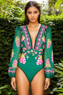 Tief ausgeschnittener V-Ausschnitt Retro Print Langarm Badeanzug Set