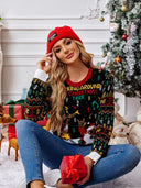 Strick Rundhalsausschnitt Bestickter Pullover – Weihnachtsmann & Musiknoten
