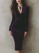 Robe midi ajustée en velours violet élégant à manches longues