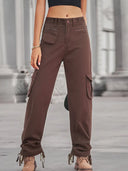 Pantaloni cargo din denim casual cu buzunar cu fermoar și șnur