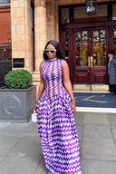 Vestido Maxi com Estampa de Ziguezague Roxo