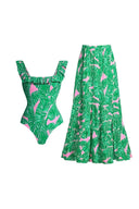 Costume intero verde con stampa a balze
