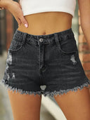 Short en denim stretch déchiré à ourlet effiloché