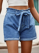 Pantaloni scurți din denim cu talie înaltă și șnur, cu fundă