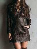 Vestido Mini Justo com Fecho e Couro Castanho Chocolate Chic