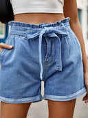 Pantaloni scurți din denim cu talie înaltă și șnur, cu fundă