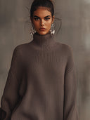 Brun flæsekant rullekrave sweaterkjole