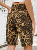Vintage Leopar Desenli İncelten Denim Şort