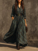 Vestido Maxi de Algodão com Padrão Xadrez Retro, de Fecho Simples, com Cinto