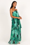 Vestido largo sin tirantes con volantes Calista Green Bloom