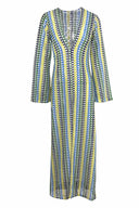 Boho Maxikleid mit V-Ausschnitt, Glockenärmeln, welligem Streifenmuster und Häkelarbeit für den Strandurlaub