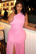 Barbiecore Glam High Slit Pleated Midi Dress