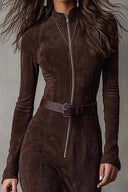 Robe midi irrégulière élégante en daim marron foncé avec cordon de serrage
