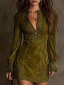Vintage blaues Wildleder Minikleid mit Spitzenbesatz