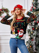 Strick Rundhalsausschnitt Bestickter Pullover – Weihnachtsmann & Musiknoten