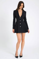 INS Stil Blazer Mini Kleid mit tiefem V und einreihiger Knopfleiste