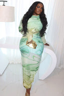 Psychedelic Mint Long Sleeve Slit Maxi Dress