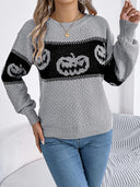 Camisola de Malha com Gola Redonda e Estampa de Cabeça de Abóbora de Halloween em Blocos de Cor