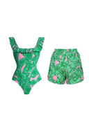 Costume intero verde con stampa a balze