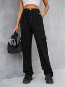Vintage elastisk midje avslappet passform denim cargobukser