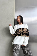 Retro Leopar Desenli Renk Bloklu Kazak