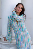 Boho Maxikleid mit V-Ausschnitt, Glockenärmeln, welligem Streifenmuster und Häkelarbeit für den Strandurlaub