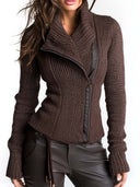 Giacca marrone asimmetrica con zip in maglia a coste