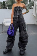 Street style stropløs denim jumpsuit
