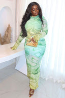 Psychedelic Mint Long Sleeve Slit Maxi Dress