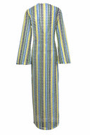 Boho Maxikleid mit V-Ausschnitt, Glockenärmeln, welligem Streifenmuster und Häkelarbeit für den Strandurlaub