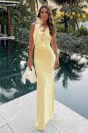 Asymmetrisk citron 3D-blommig halterneck maxiklänning