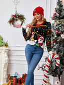 Strick Rundhalsausschnitt Bestickter Pullover – Weihnachtsmann & Musiknoten