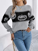 Camisola de Malha com Gola Redonda e Estampa de Cabeça de Abóbora de Halloween em Blocos de Cor