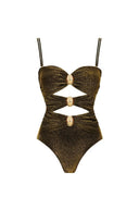Costume intero lucido con fibbia dorata e ritagli, completo