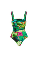 Badedrakt med sommerfuglprint og rynking som slanker