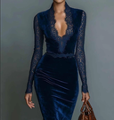 Elegant Velvet V-Neck Lace Fitted Midi Dress