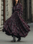 Vestido Maxi Retro Elegante com Estampa de Xadrez e Mangas Lanterna, com Cinto
