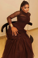 Sheer Mesh Long Sleeve Layered Ruffle Maxi Dress