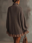 Brun flæsekant rullekrave sweaterkjole
