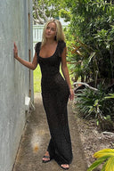 Sexy High-Waist Sheer Color-Block Polka Dot Maxi Dress
