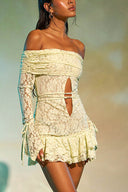 Vestido Mini Elegante de Jacquard com Folhos e Ombros Descobertos