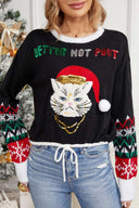 Casual rund hals kat broderi paliet sweater