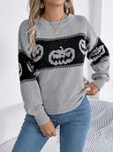 Camisola de Malha com Gola Redonda e Estampa de Cabeça de Abóbora de Halloween em Blocos de Cor