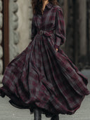 Vestido Maxi Retro Elegante com Estampa de Xadrez e Mangas Lanterna, com Cinto