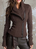 Giacca marrone asimmetrica con zip in maglia a coste