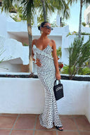 Robe maxi à bretelles volantées en guipure à imprimé pois fantaisie