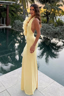 Asymmetrisches Zitronen-Maxikleid mit 3D-Blumen und Neckholder