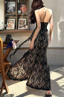 Robe longue sirène en dentelle gothique avec découpes