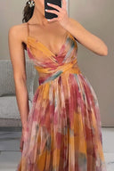 Painted Floral Print V-Neck A-Line Maxi Dress
